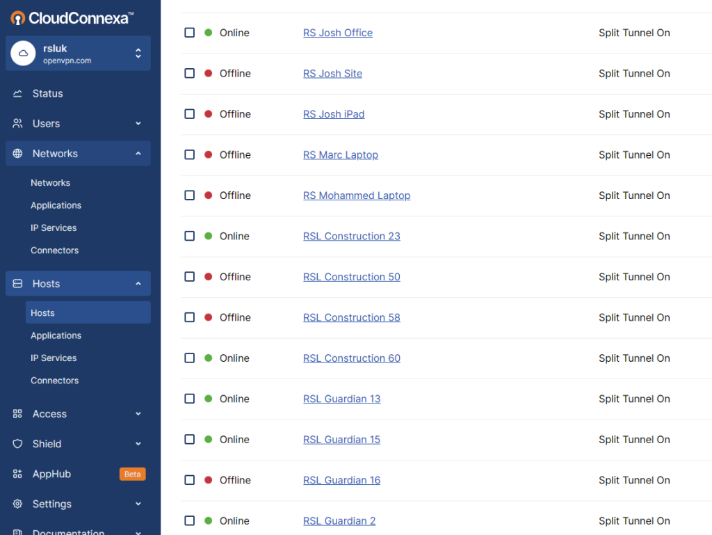 VPN connectivity management dashboard